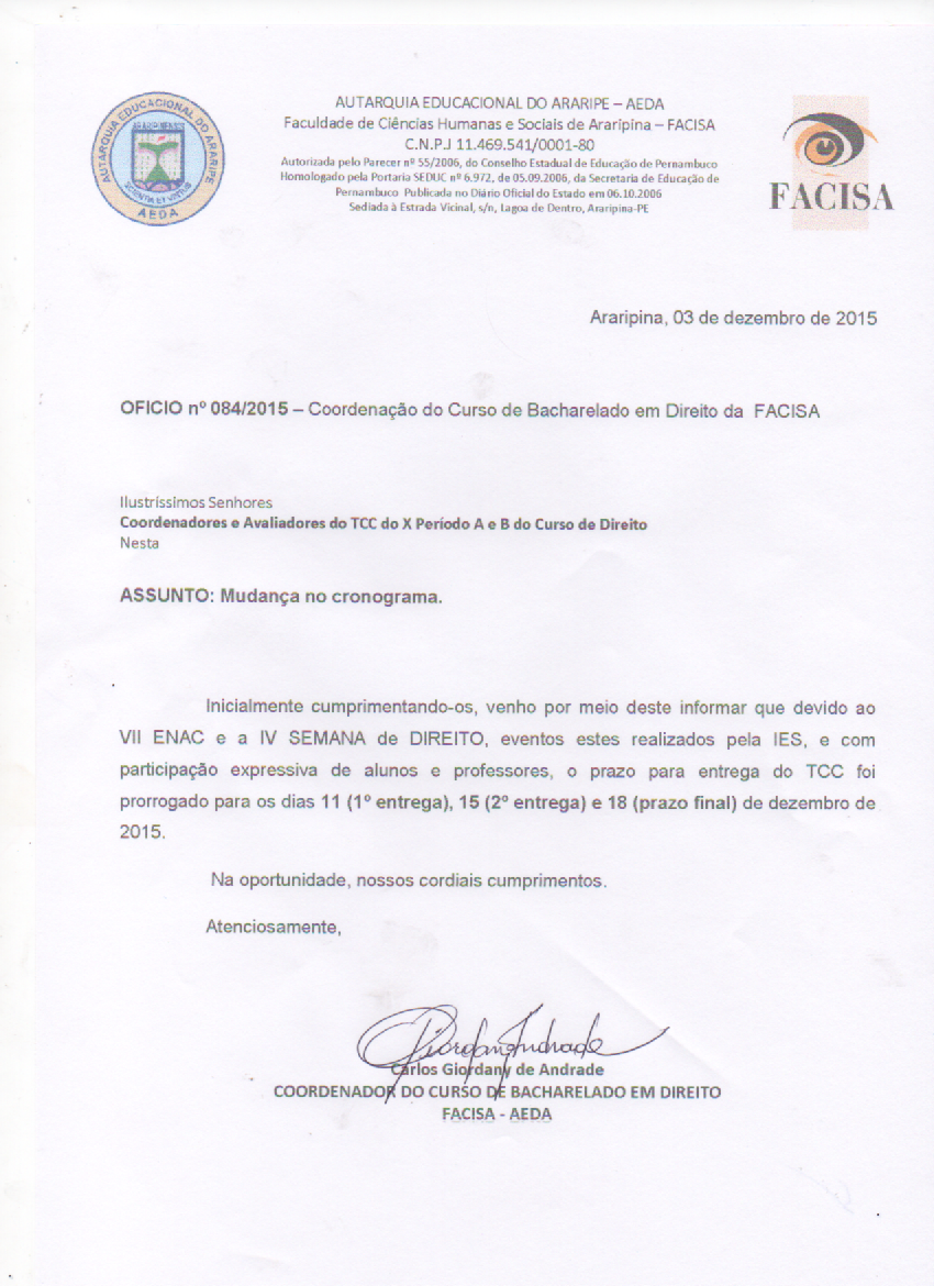 OFICIO nº 084/2015-Coordenação do Curso de Bacharelado em Direito da FACISA