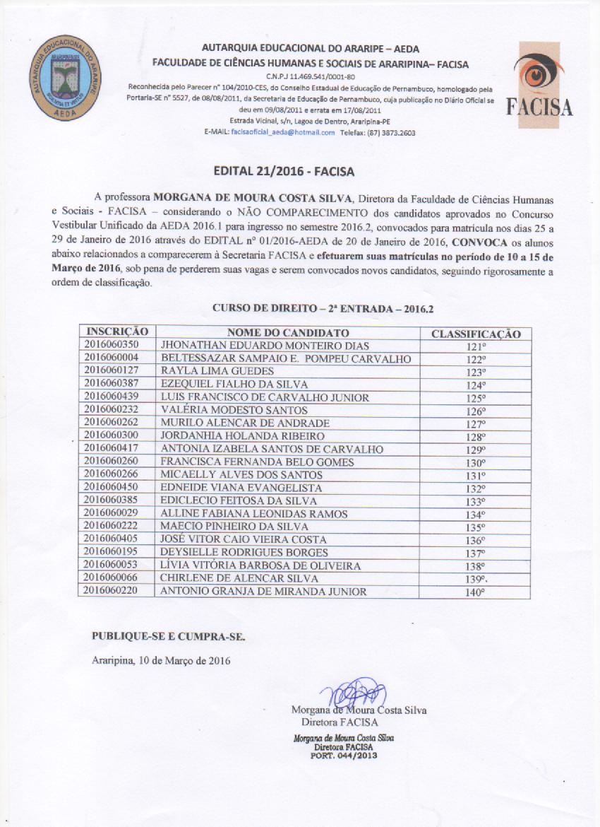 EDITAL 21/2016 – FACISA