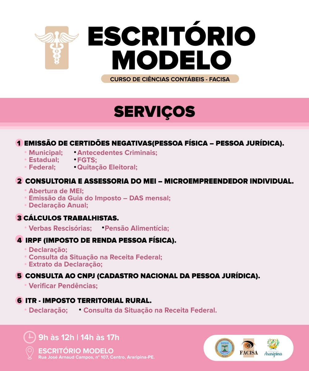 Conheça os serviços ofertados pelo Escritório Modelo de Contabilidade da Facisa