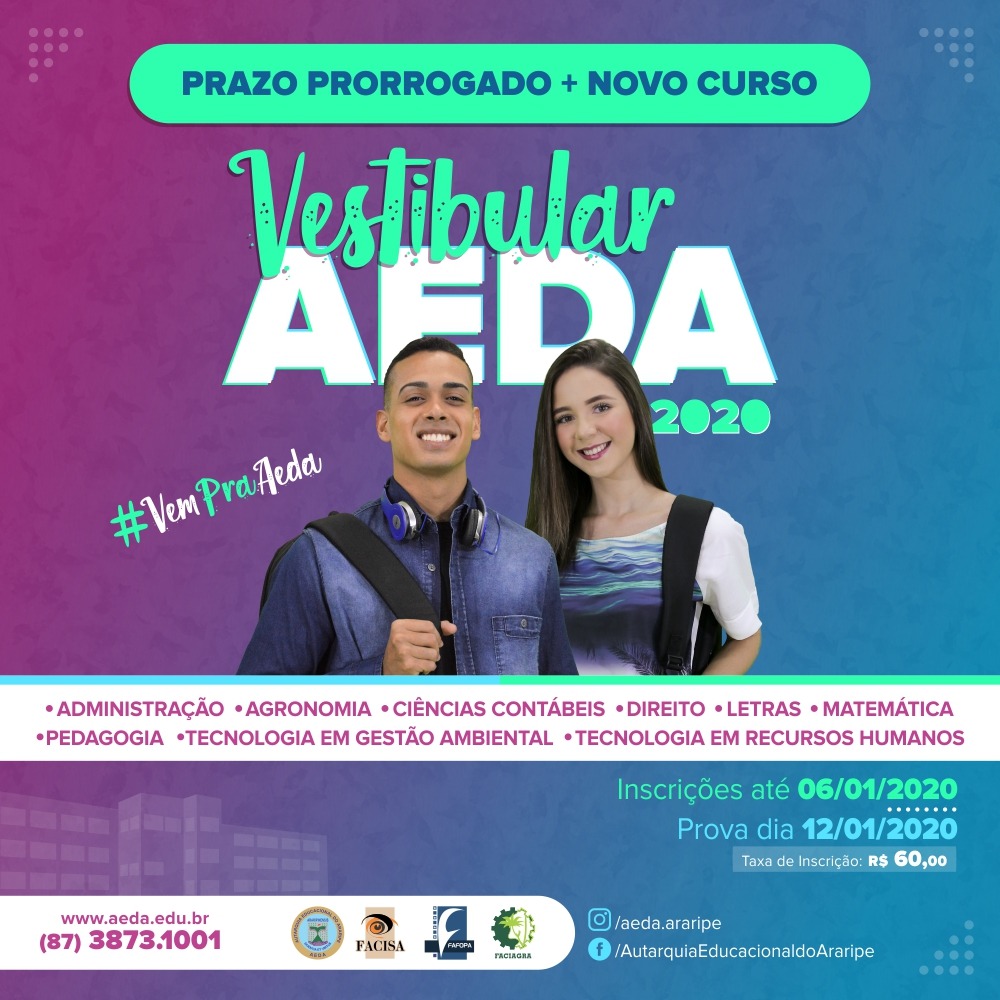 Aeda prorroga inscrições do Vestibular 2020; confira as novas datas
