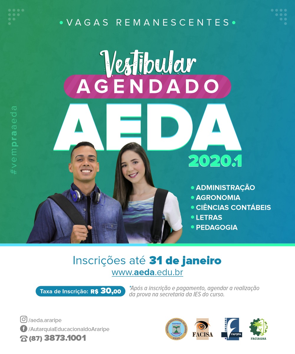 AEDA abre inscrições para o Vestibular Agendado 2020.1