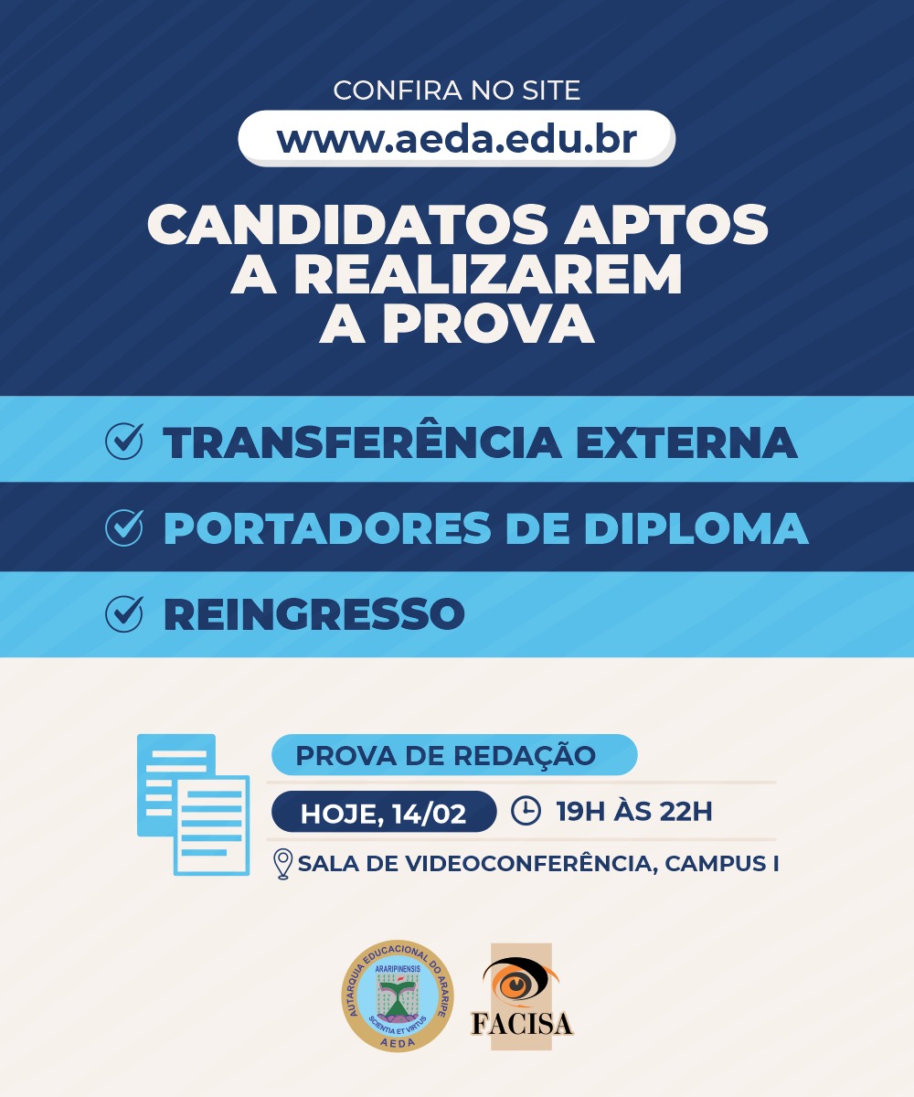 Relação dos candidatos aptos a realizarem a prova do edital de Transferência Externa, Portador de Diploma e Reingresso