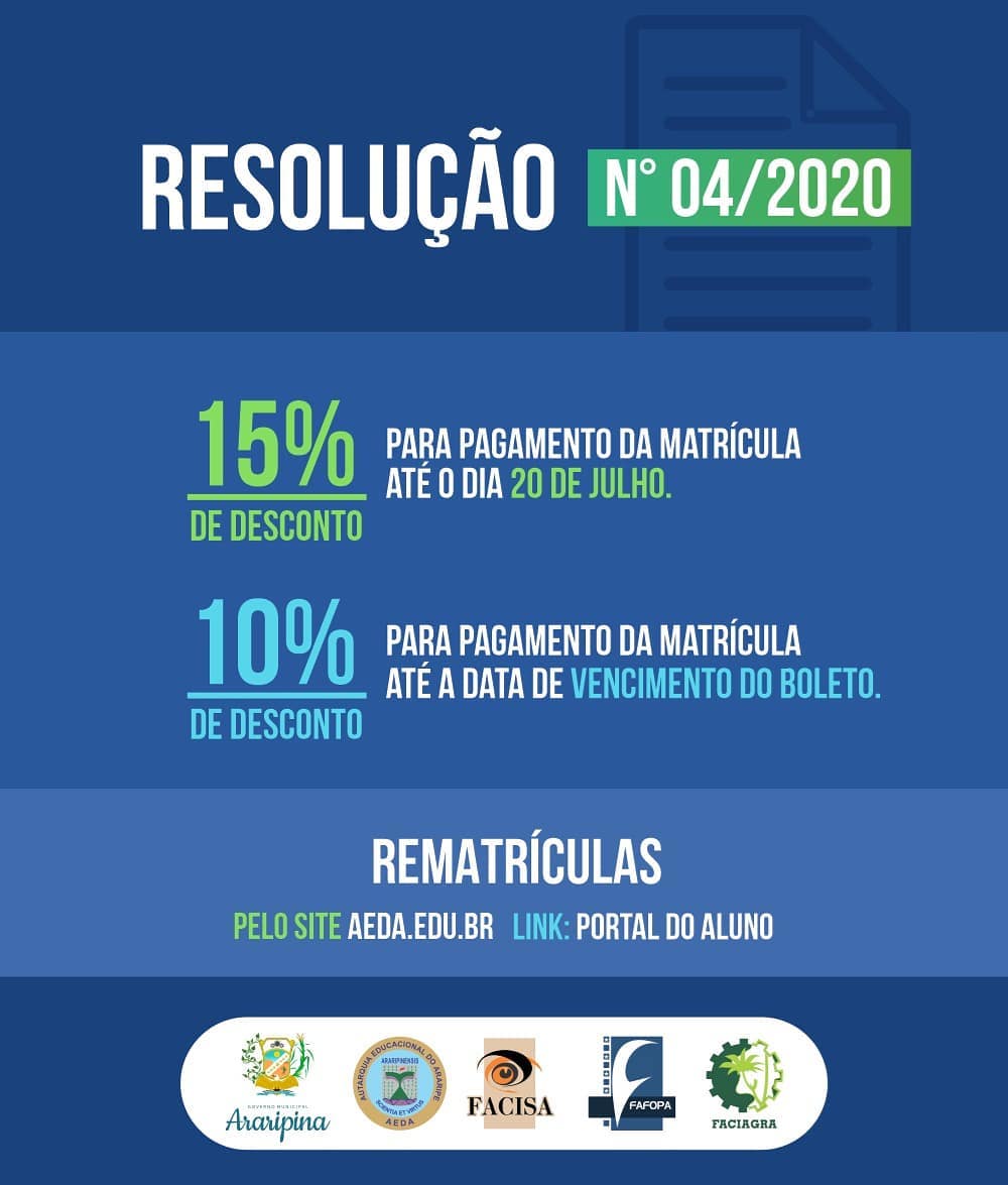 AEDA torna público Resolução N°04/2020 que trata sobre a rematrícula dos alunos veteranos