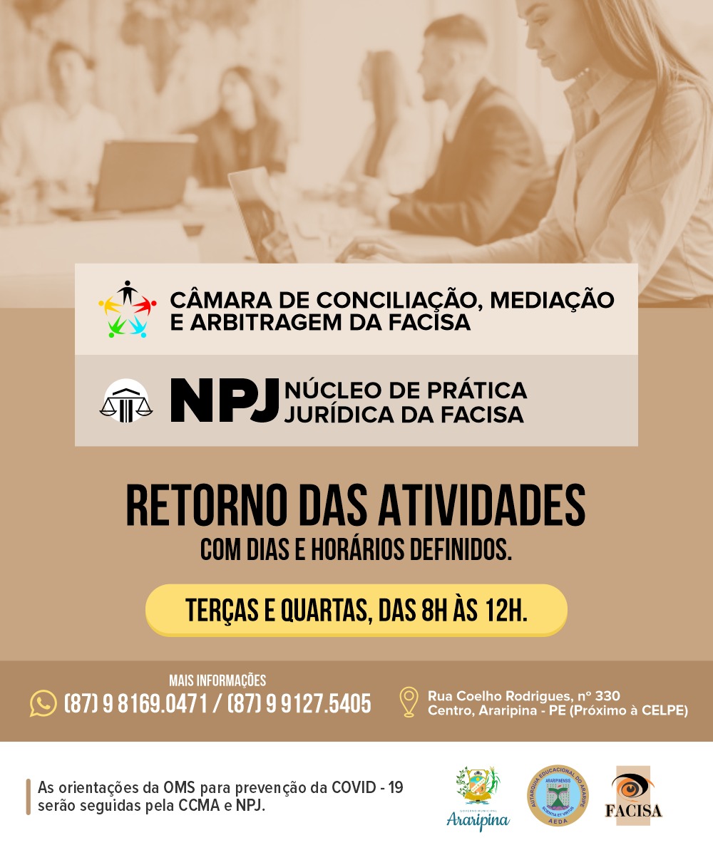 CCMA, NPJ e Escritório Modelo da FACISA retornam às atividades seguindo as orientações da OMS