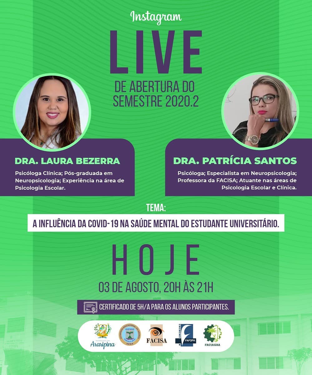 Abertura do semestre 2020.2 terá live sobre a influência da COVID-19 na saúde mental do estudante universitário