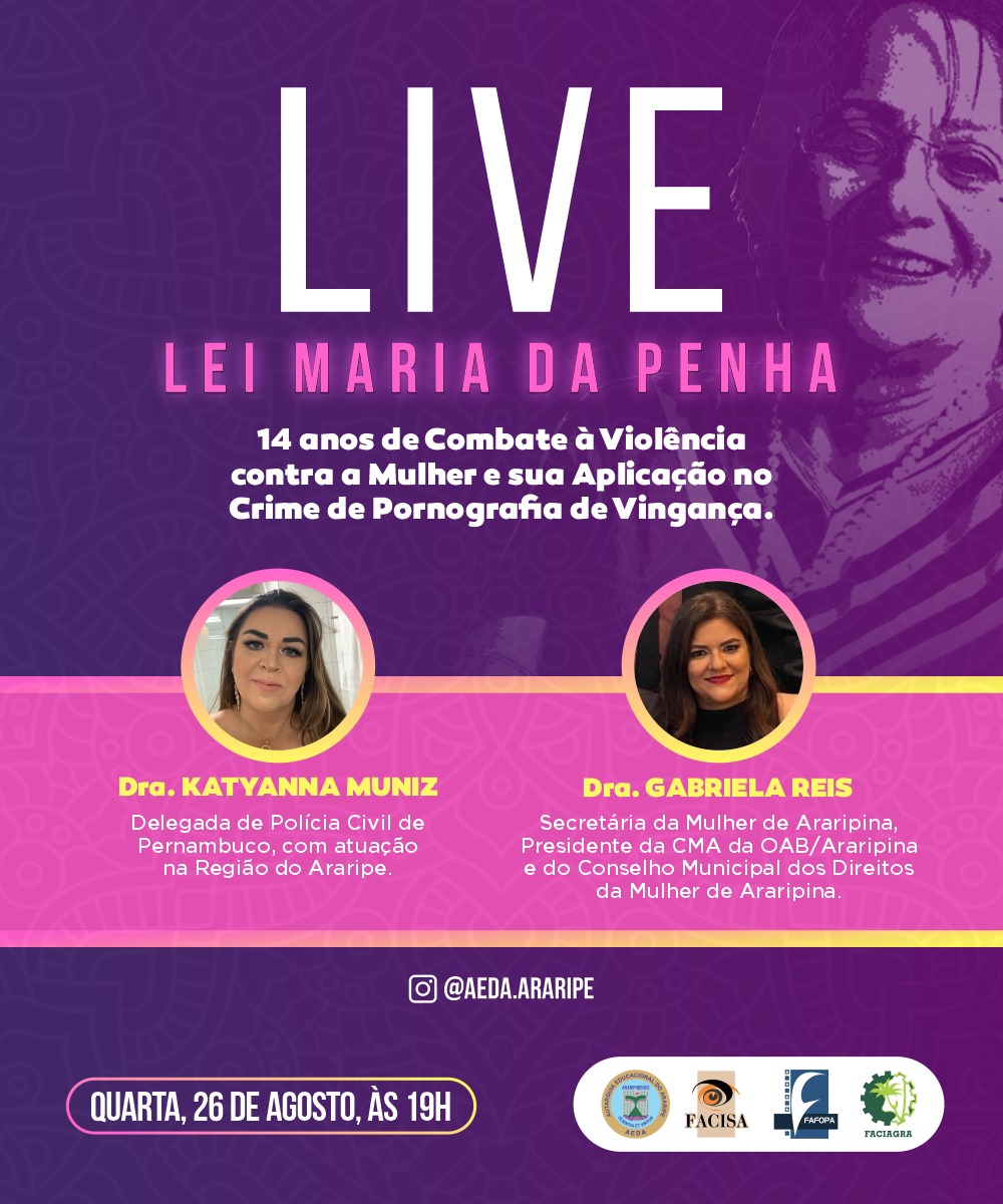 AEDA promoverá live em comemoração aos 14 anos da Lei Maria da Penha