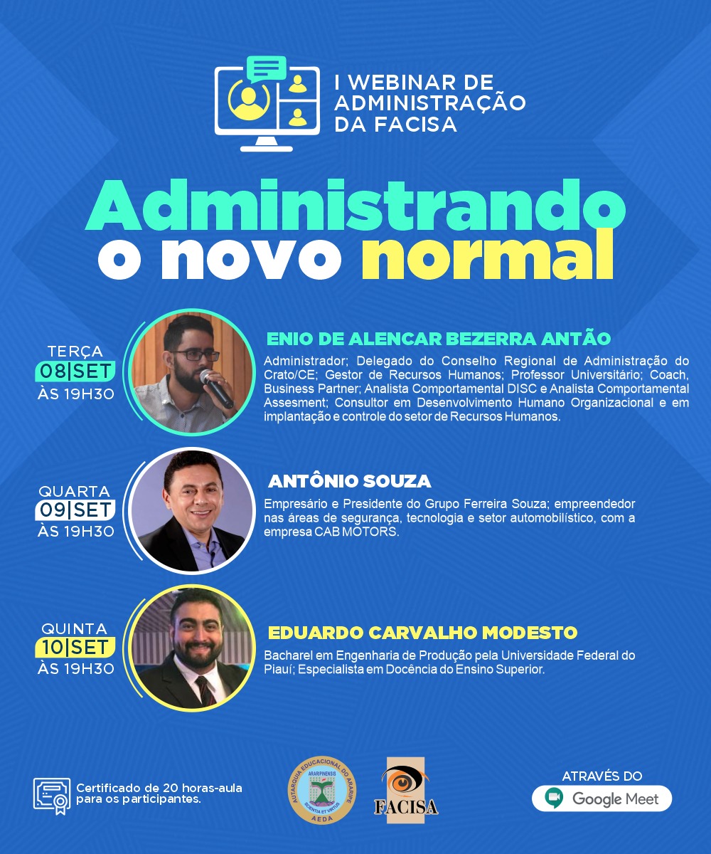 I WEBINAR de Administração da FACISA acontecerá nos dias 8, 9 e 10 de setembro; confira a programação