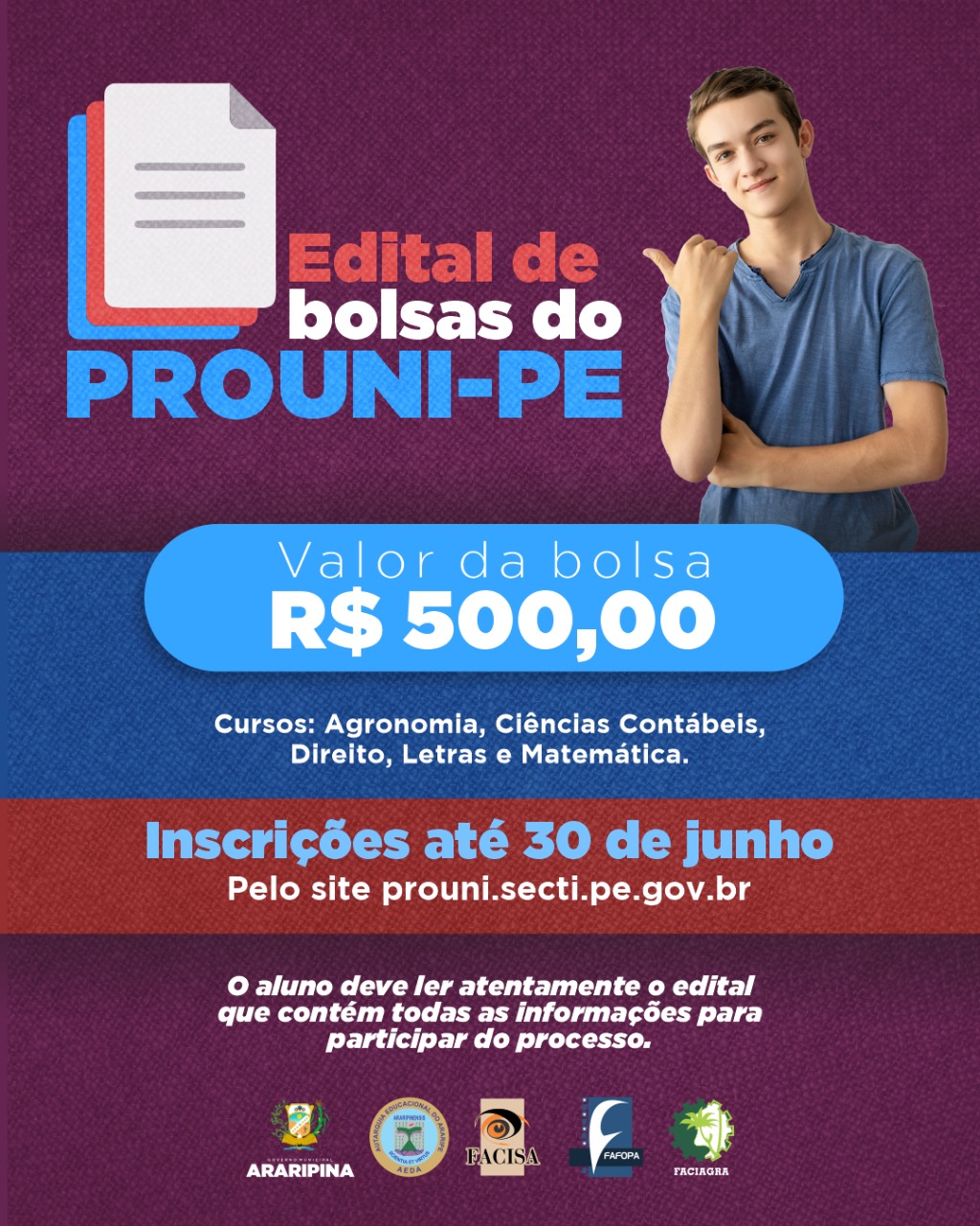 PROUNI – PE lança edital de bolsas no valor de R$ 500 para alunos das IES