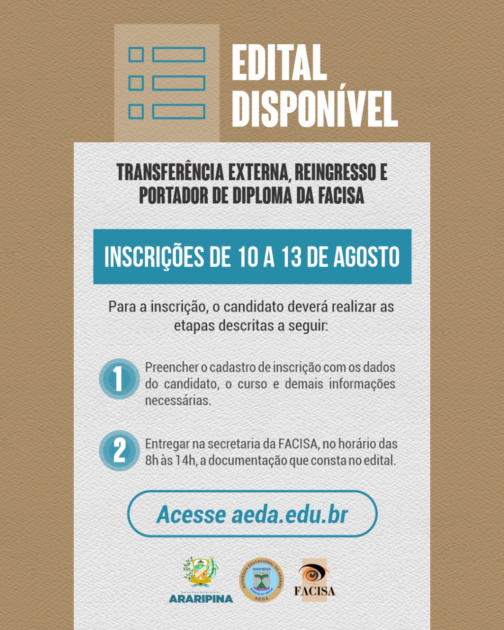 FACISA torna público edital de Transferência Externa, Reingresso e Portador de Diploma; confira