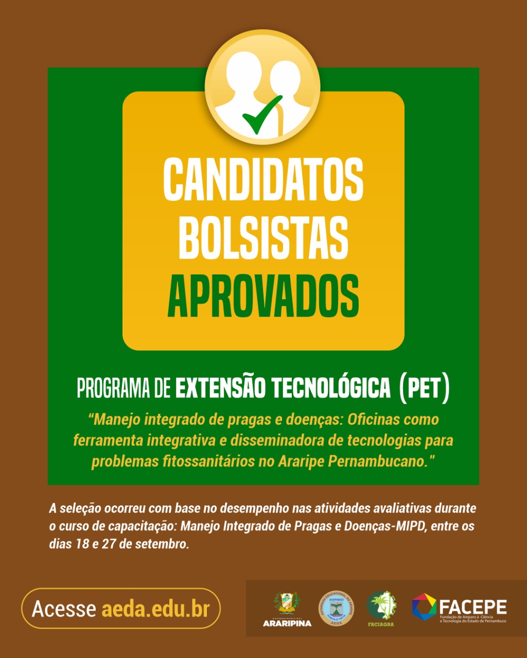 Confira os bolsistas aprovados no Programa de Extensão Tecnológica (PET) que foi aprovado em edital da FACEPE