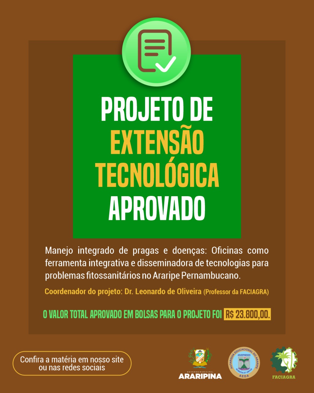 Projeto de extensão tecnológica da FACIAGRA é um dos nove projetos selecionados em edital da FACEPE