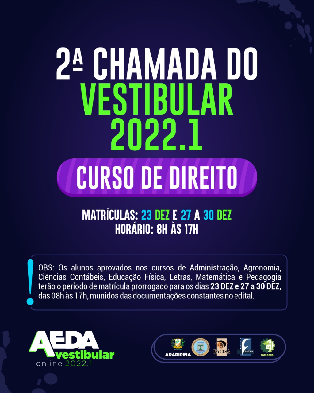 2ª chamada do vestibular 2022.1 – curso de Direito