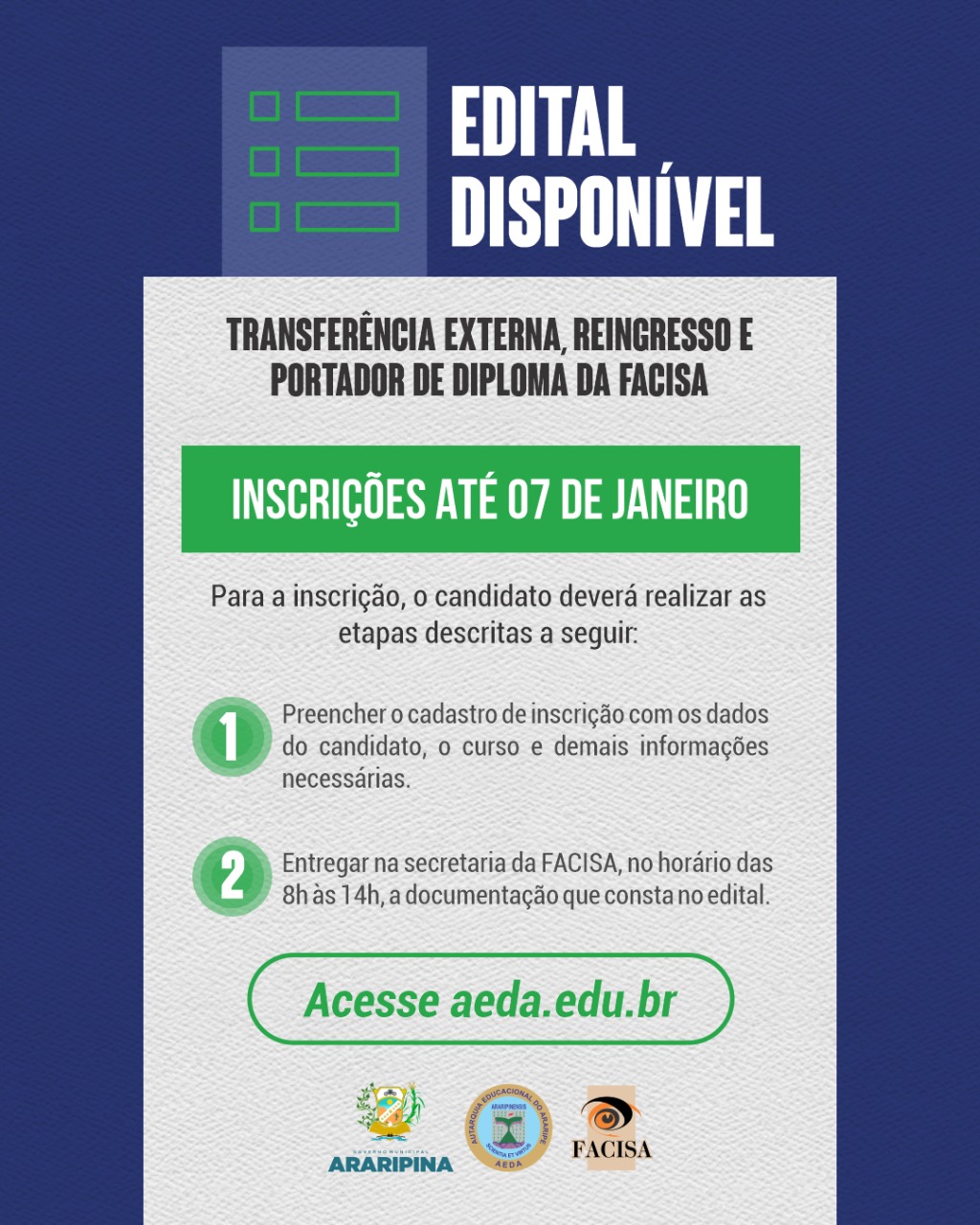 Confira o edital de transferência externa, reingresso e portador de diploma da FACISA