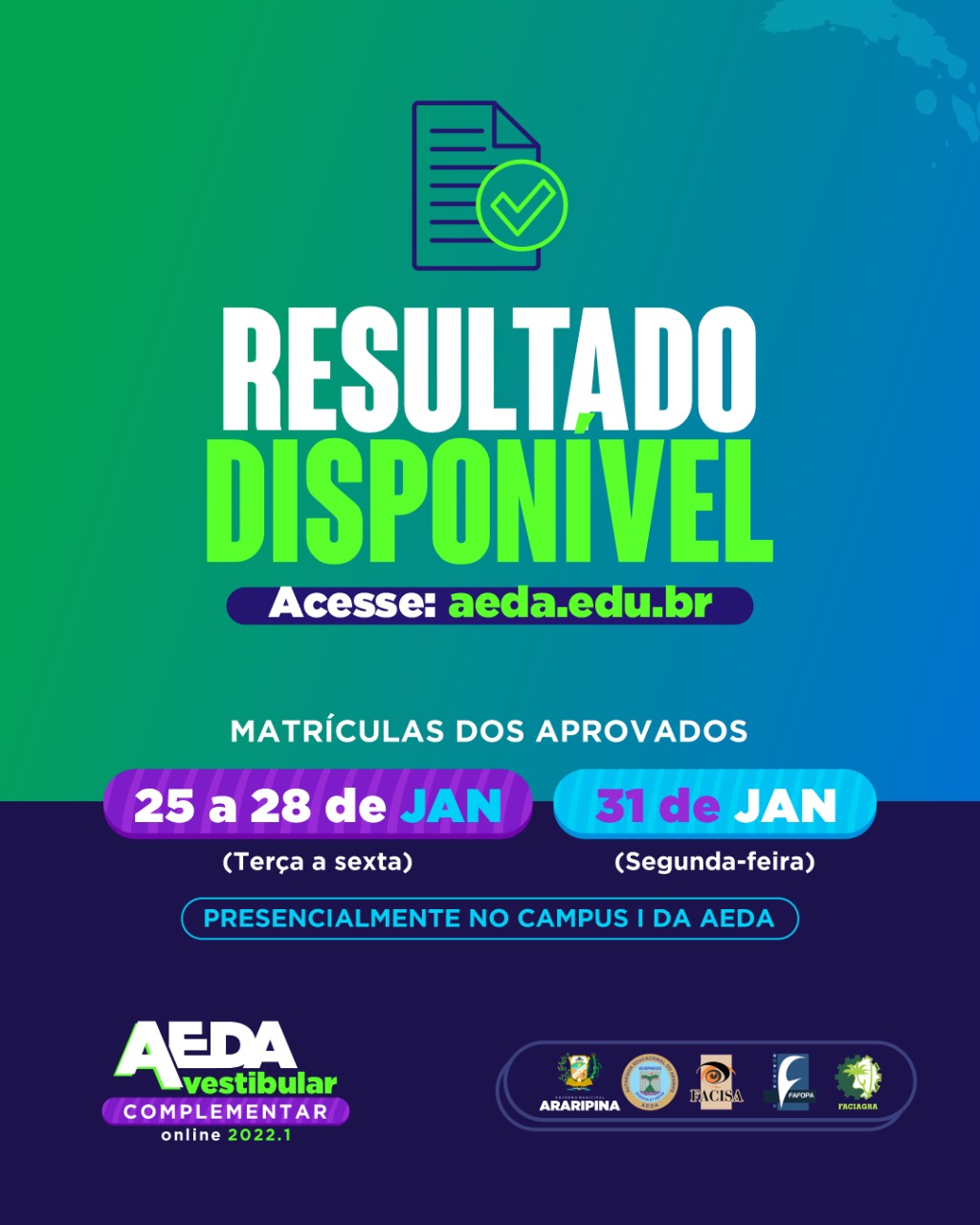 Lista dos aprovados no vestibular complementar online 2022.1