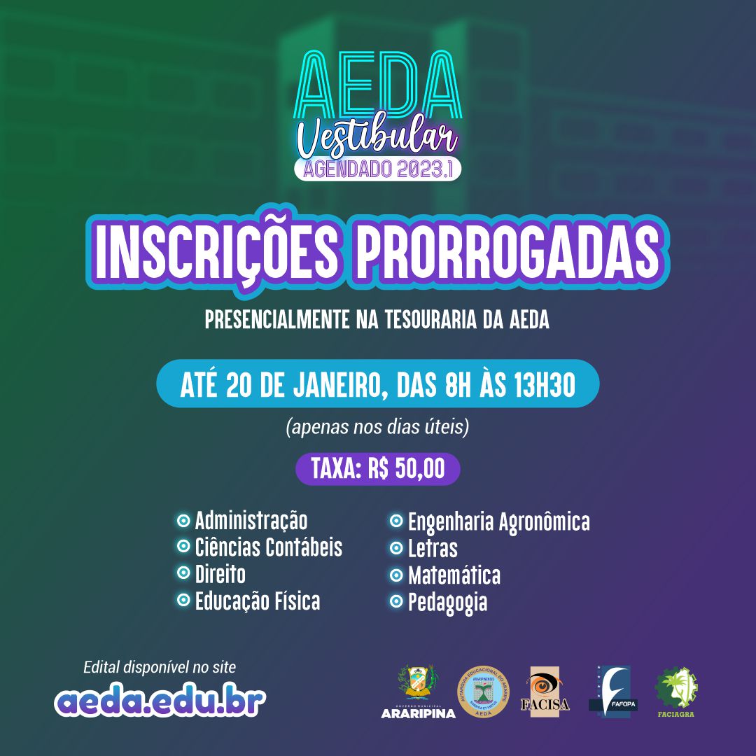 Confira o edital do vestibular agendado 2023.1 – prorrogado até o dia 20 de janeiro